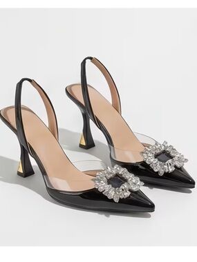 Black Kitten Heel Sling Back with Sparkly Brooch Detail